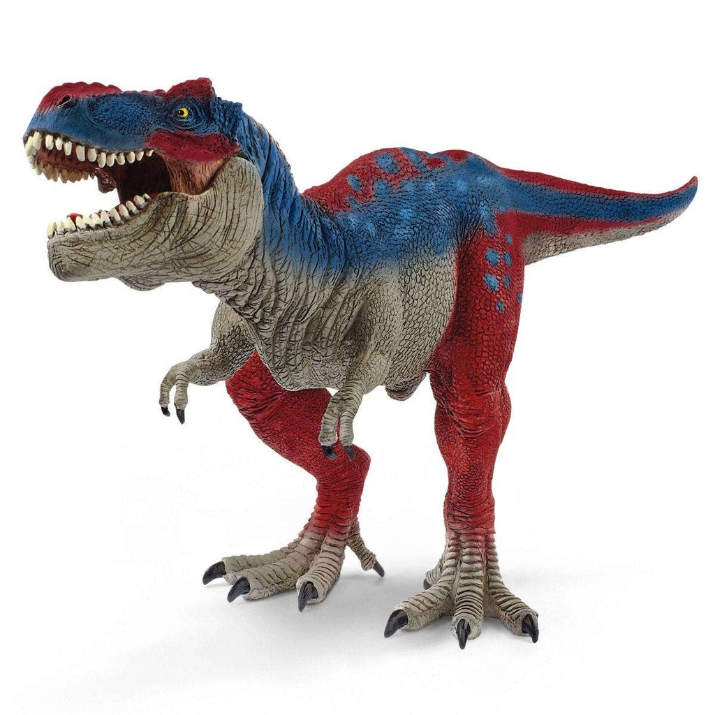 Standing upright on two legs with its small arms raised, the Schleich Tyrannosaurus Rex Blue Dinosaur Toy features textured blue skin with red accents and an open mouth displaying sharp teeth. This figurine showcases lifelike details and vibrant coloring, perfect for imaginative play adventures.