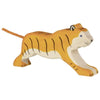 A handcrafted wood Holztiger Tiger, Running with orange and white coloring, crouching as if ready to pounce. The tiger has black stripes and blue eyes, with a short, straight tail extending from its body. Like all HOLZTIGER figures, this charming piece is made in Europe.