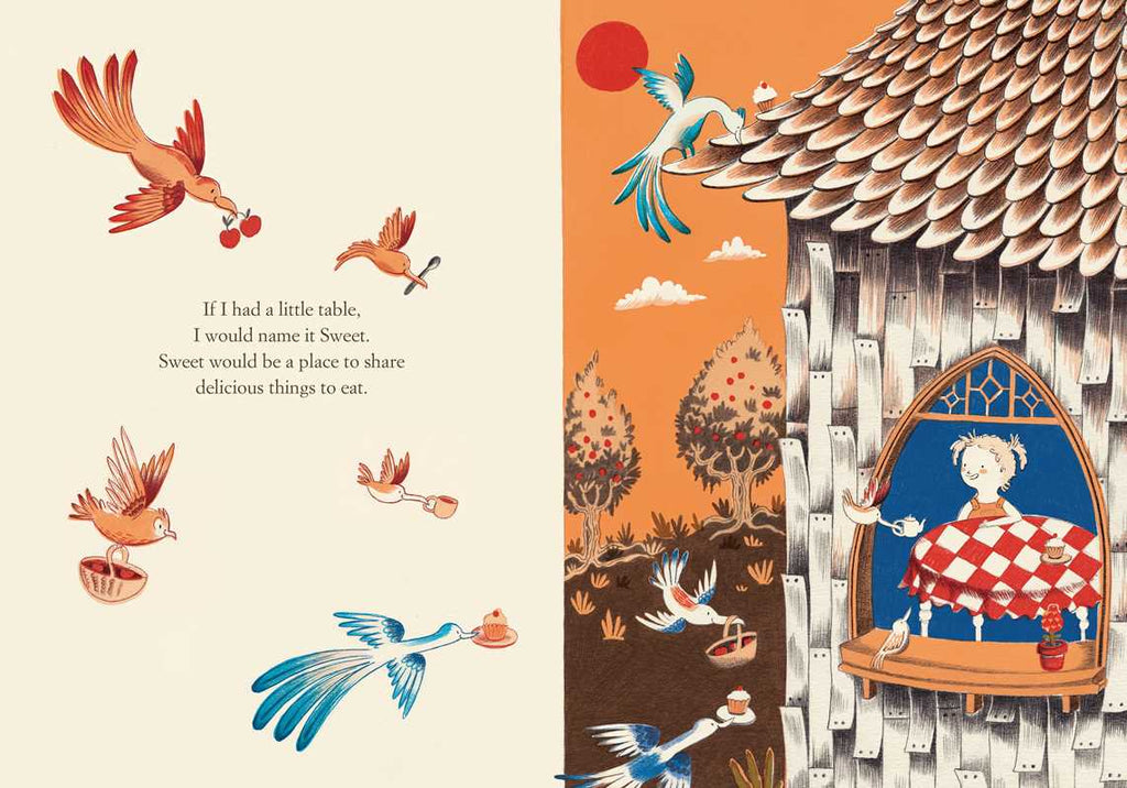 Charming illustration from "If I Had a Little Dream" by Nina Laden shows birds flying with desserts toward a white-haired girl holding a pie at her window—an enchanting picture book celebrating sweet moments and childhood imagination.