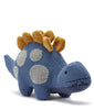 The Stegosaurus Dinosaur Stuffed Animal is a charming blue knit plush featuring gray spots, brown felt plates along its back, and a stitched smiling face. It has a rounded body and exudes a friendly appearance, making it suitable for children aged 0 and up. For care, gently machine wash in cold water and avoid using a tumble dryer.