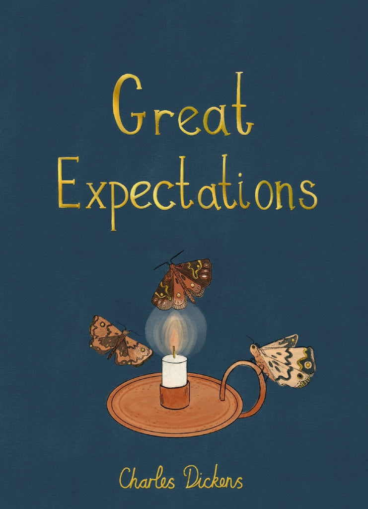 Hardcover Collector's Edition of "Great Expectations" features a dark blue cover with three moths around a lit candle and the title and author's name in yellow text.