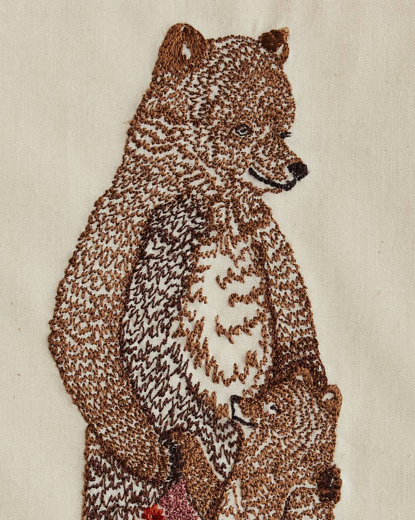 The Coral & Tusk Mama Bear and Cub Card features detailed brown and white embroidered bears on cream fabric, making it a lovely keepsake for baby showers or Mother's Day.