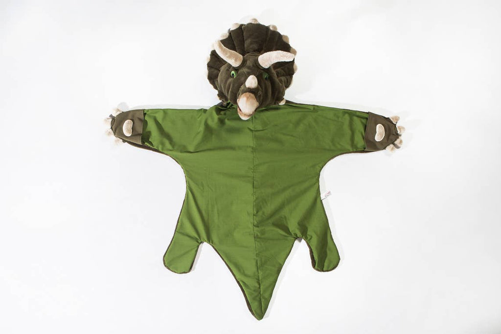 The Costume - Triceratops Dino is a green and brown children's cape with a hood featuring horns and a frill, designed to resemble a triceratops—ideal as an animal costume or dinosaur blanket for imaginative play.