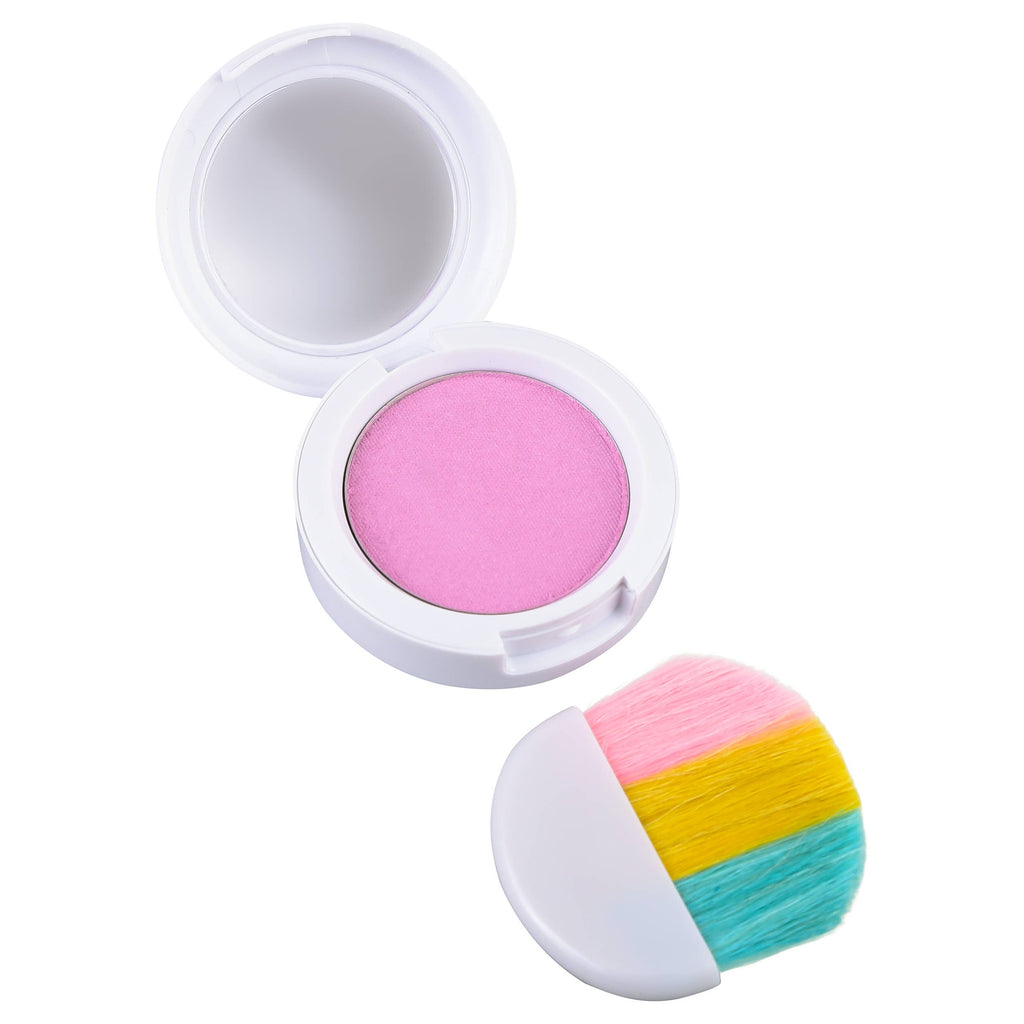 Open white compact with pink blush and a small multicolored makeup brush from the Klee Naturals Deluxe Makeup Kit - Pink Ballet Fairy.