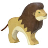 A wooden lion figurine with a brown mane and tail, crafted to impeccable standards. The body is painted light brown with a white underbelly. The lion's facial features include green eyes and a small snout. This Holztiger Lion boasts a simple design and smooth finish, making it an ideal addition to high-quality toys collections.