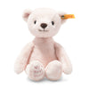 The My First Steiff Pink Teddy Bear, 10 Inches, is a soft, baby-safe teddy with a light pink color, friendly face, yellow Steiff ear tag, and "My first Steiff" embroidered on one paw.