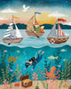 Set sail on an ocean adventure with the Ocean Explorers 40 Piece Mini jigsaw puzzle! Three animals navigate their boats across the sea while a diver explores vibrant underwater scenes—surrounded by fish, a turtle, an octopus, colorful coral, and a hidden treasure chest. Distant mountains and a soaring seagull provide the perfect backdrop to this delightful kids puzzle that promises hours of imaginative fun.