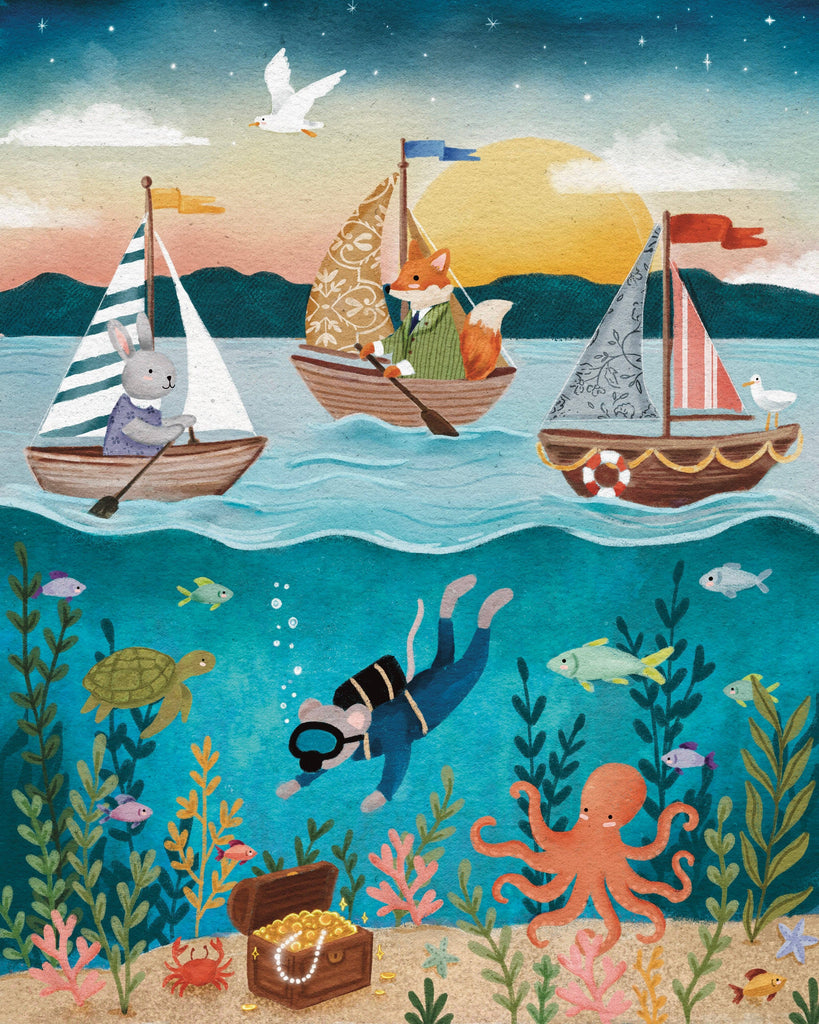 Set sail on an ocean adventure with the Ocean Explorers 40 Piece Mini jigsaw puzzle! Three animals navigate their boats across the sea while a diver explores vibrant underwater scenes—surrounded by fish, a turtle, an octopus, colorful coral, and a hidden treasure chest. Distant mountains and a soaring seagull provide the perfect backdrop to this delightful kids puzzle that promises hours of imaginative fun.