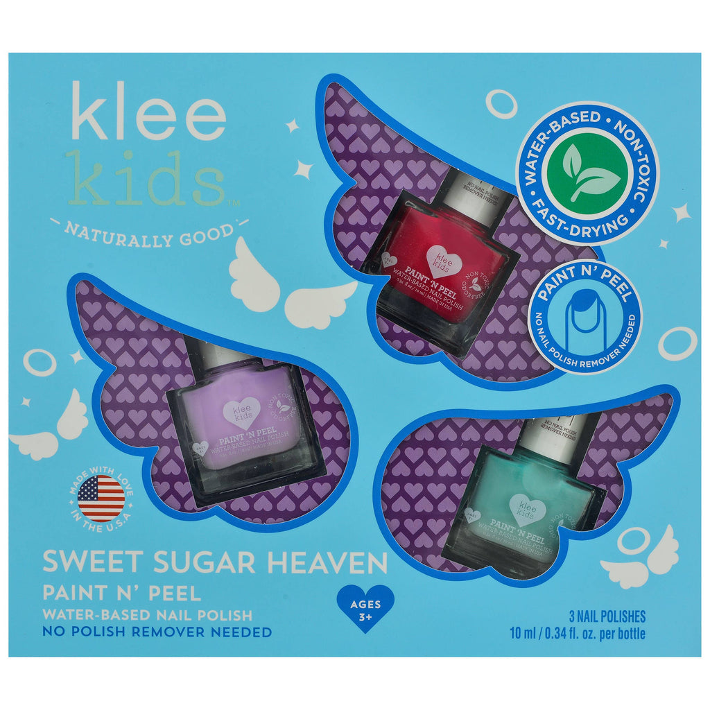 Klee Kids Water-Based Nail Polish Set - Starry Sky Kiss, a box set of three kid-friendly, water-based nail polishes in red, purple, and teal, packaged with butterfly-shaped cutouts.