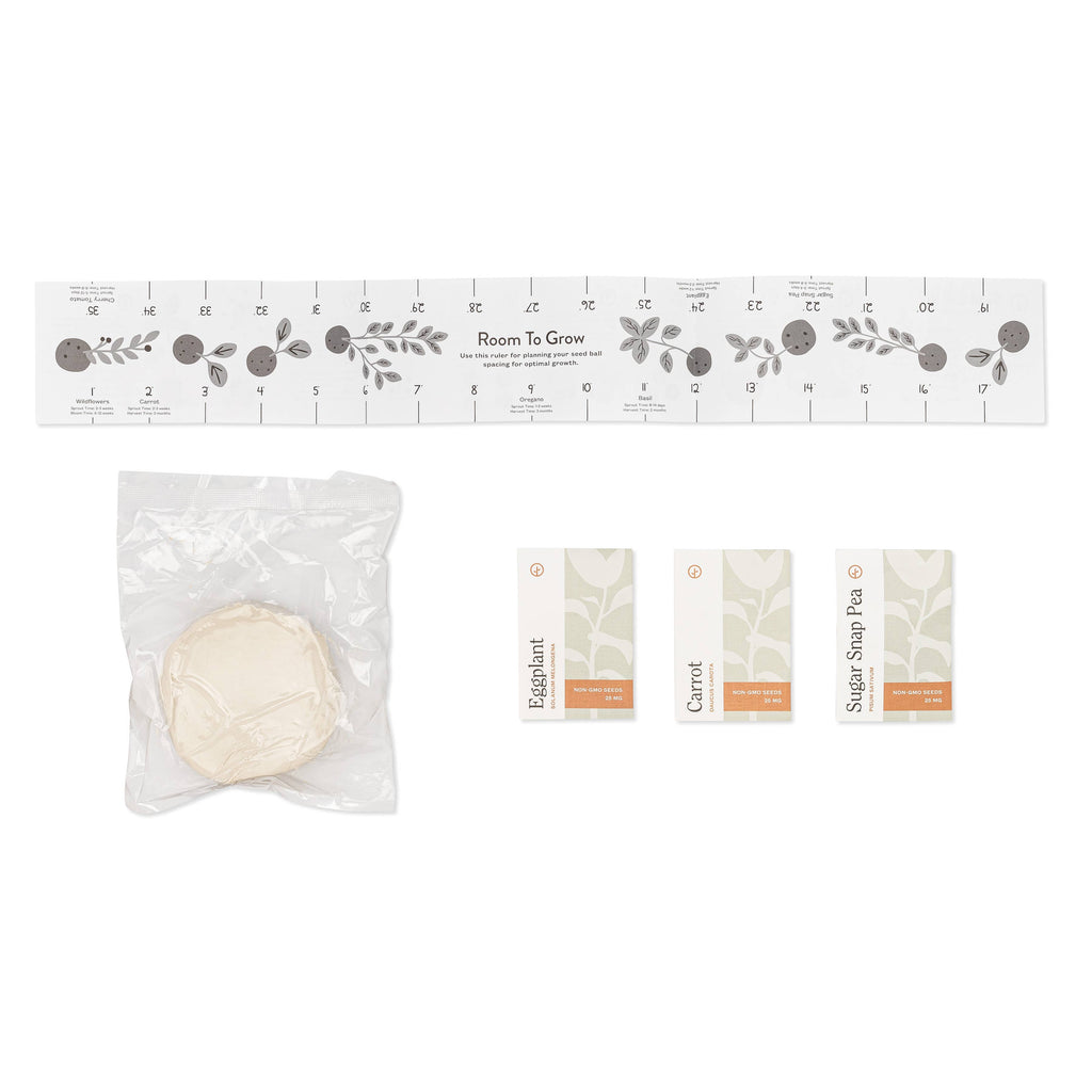 The DIY Seed Ball Kit - Rainbow Garden includes non-GMO seeds, a paper growth chart, seed packets for eggplant, carrot, and sugar snap pea, plus a soil disk—ideal for a fun and educational STEM gardening activity.
