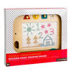 The "Wooden Elephant Magic Drawing Board" by Petit Collage comes in box packaging and showcases colorful shapes and drawings, including numbers, trees, and a house. It includes a magnetic pen for creative doodling and is suitable for ages 3 and up.