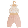 The Mrs. Ertha Doll Clothes - 13″-14″ - Flower Buds Leggings Set features a small hanger displaying a white crop top adorned with tiny orange flowers and light pink ribbed pants, both thoughtfully handmade for Minikane dolls or any cherished stuffed toy.