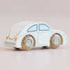 Introducing the No. 9 GT55 Betty | Made in England: this classic wooden car features a sleek white finish with understated black and orange accents and natural wooden wheels, capturing the nostalgic charm of traditional toys—perfect for imaginative play. Photographed on a light background.