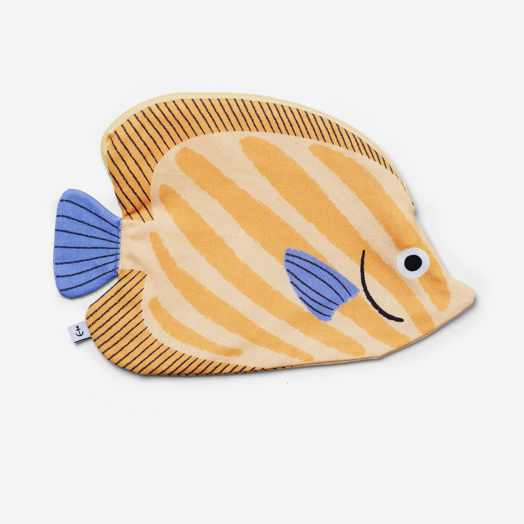 Inspired by marine life, the Butterfly Fish Pencil Case is a soft cotton case shaped like a butterfly fish, featuring yellow and orange stripes, a blue tail and fin, a smiling face, and set against a crisp white background.