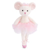 Introducing the Bukowski - Antonia Mouse - White: this plush white mouse doll, inspired by a classic Swedish design, features a pink tutu, matching ballet slippers, and a pink bow atop its head. Standing upright with gently outstretched arms, Antonia makes a delightful ballerina addition to any stuffed animal collection.