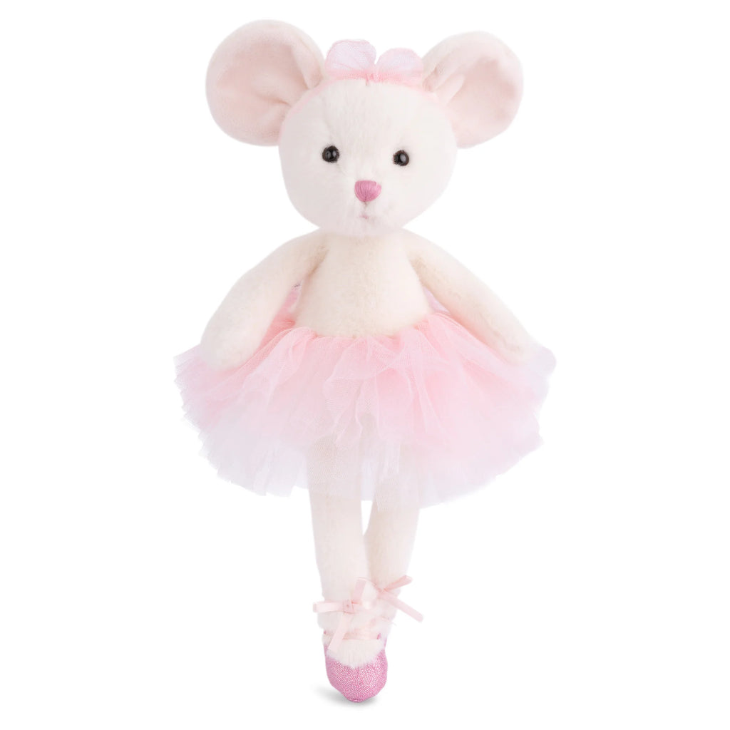 Introducing the Bukowski - Antonia Mouse - White: this plush white mouse doll, inspired by a classic Swedish design, features a pink tutu, matching ballet slippers, and a pink bow atop its head. Standing upright with gently outstretched arms, Antonia makes a delightful ballerina addition to any stuffed animal collection.