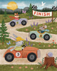 Three animals—a rabbit, a fox, and a mouse—race colorful cars on a winding dirt track toward a finish line in a scenic countryside with mountains, trees, butterflies, and a snail watching from a tree stump. This charming scene comes to life in our Little Racers 40 Piece Mini puzzle, perfect for children who love imaginative play and learning.