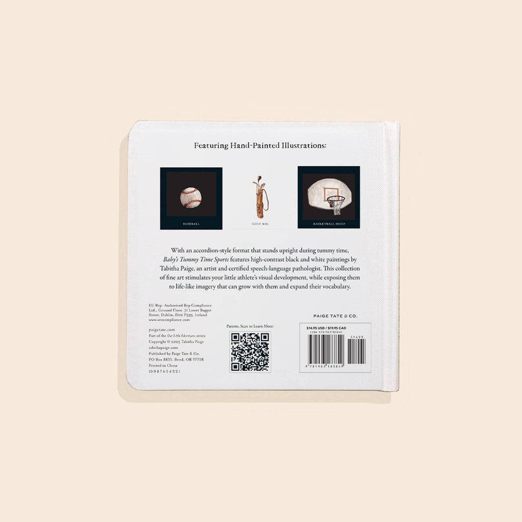 The back cover of Baby's Tummy Time Sports, a high-contrast board book, is displayed against a beige background. It features three hand-painted illustrations—a whistle, a basketball, and a basketball hoop—designed to visually stimulate infants during tummy time. The cover includes descriptive text, a QR code, and publishing information at the bottom.
