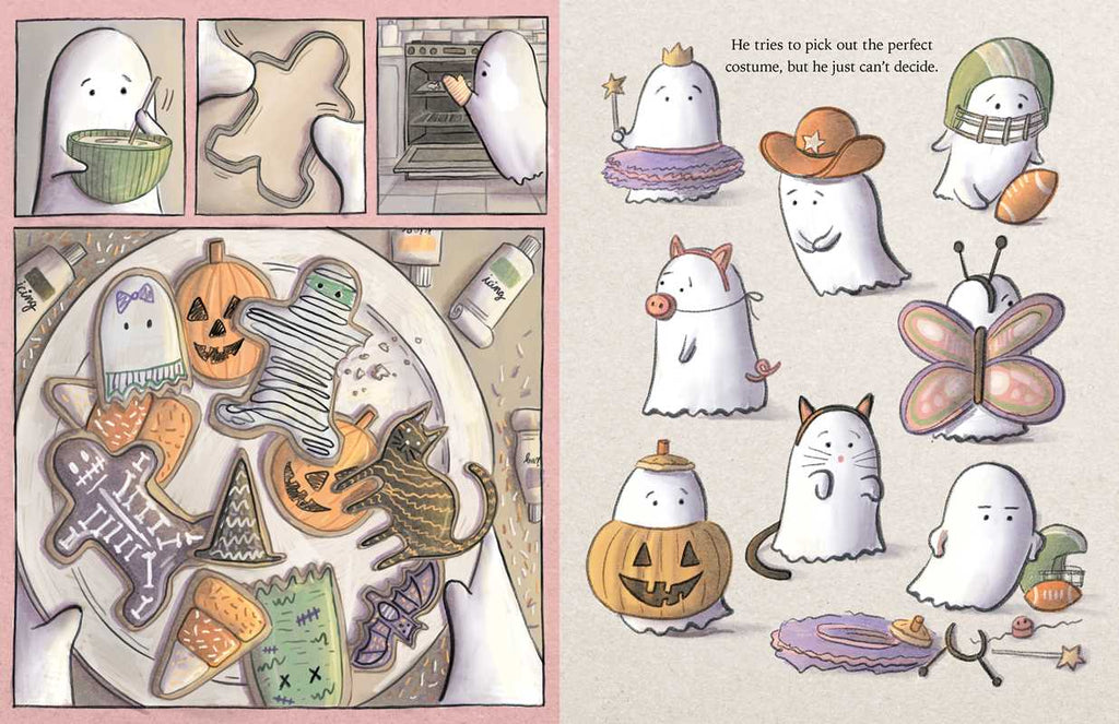 In "Little Ghost Makes a Friend," the shy cartoon ghost bakes Halloween cookies in the shapes of pumpkins, skeletons, and spiders. Afterwards, the ghost tries on a variety of costumes, including a princess, cowboy, pig, jack-o'-lantern, and butterfly for the Halloween party but struggles to choose the perfect one while making friends.