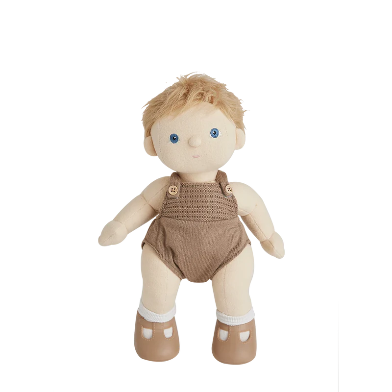 A Dinkum Doll - Poppet (Extended Pack) with blond hair and blue eyes, wearing a removable unisex outfit, isolated on a white background.