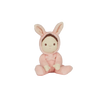 A pocket-sized Olli Ella | Dinky Dinkums - Bella Bunny plush toy wearing a pink bunny costume, seated against a black background with multi-colored horizontal stripes partially obscuring the image.