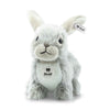 The Steiff Dormili Rabbit is a plush toy with gray and white fur, large ears, black eyes, a Steiff tag on its left ear, and the Steiff logo on its chest as it sits facing forward.