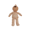 Plush doll with a stitched smile and closed eyes, wearing a beige onesie crafted from 100% organic cotton with a pattern of small, colorful triangles. The Olli Ella x Odin Parker Dozy Dinkum - Bugsy Hopscotch stands unaided against a