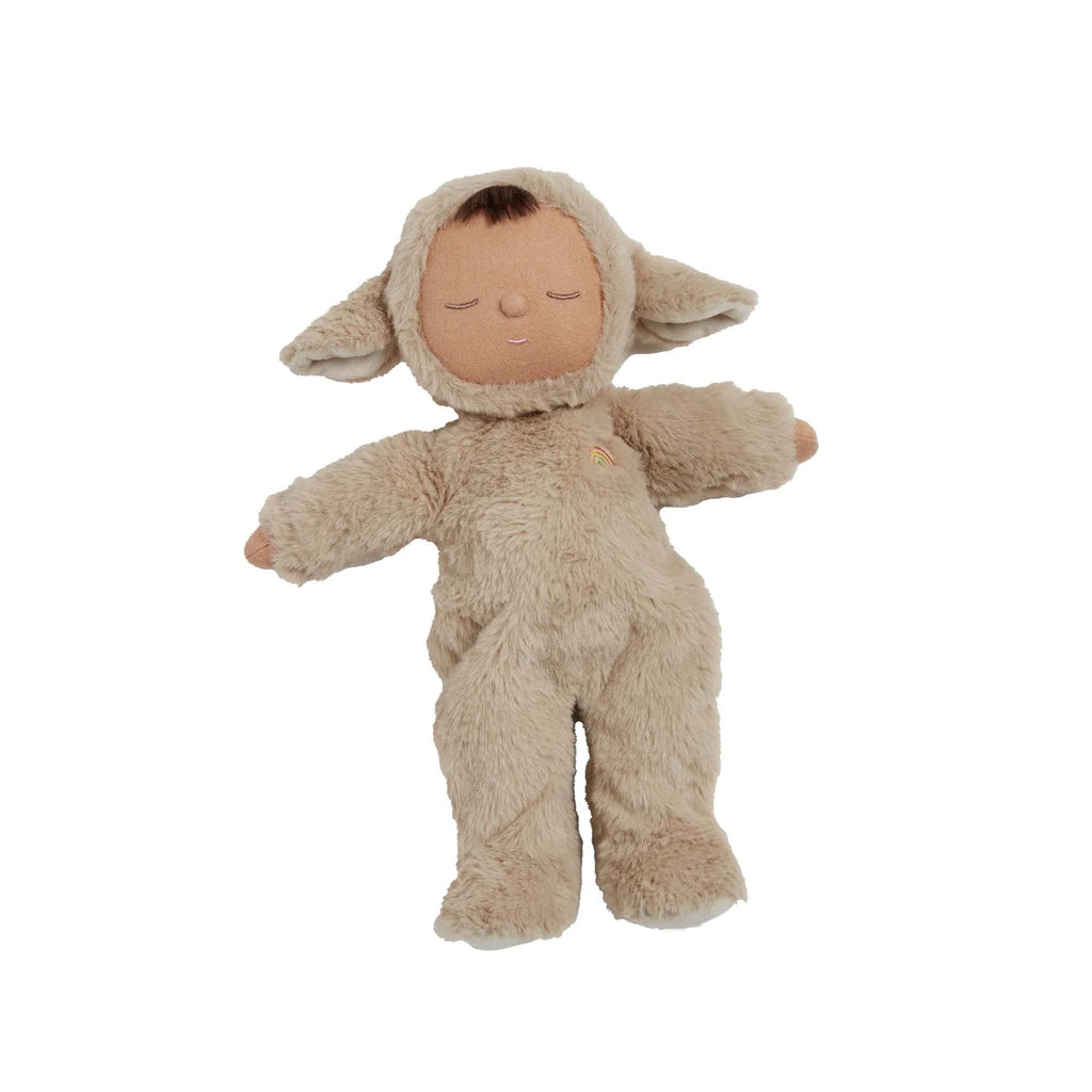 Olli Ella Cozy Dinkum Doll - Lamby Pip is a soft, plush toy in a fuzzy light brown lamb costume with floppy ears, neutral face, closed eyes, and short brown hair peeking out from the hood.