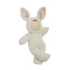 The Olli Ella Cozy Dinkum - Bunny Moppet is a collectible plush toy in a fluffy white bunny costume with pink-lined ears, closed eyes, and a peaceful look, posed with one arm raised and one leg gently bent.