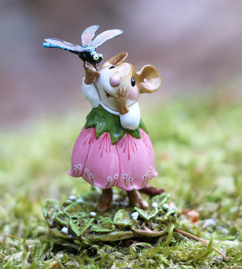 The Wee Forest Folk Tiny Collectible - Pretty Perch in Pink features a whimsical mouse figurine in a pink flower dress, hand sculpted and holding a blue dragonfly—an adorable addition to any miniatures collection.