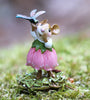 The Wee Forest Folk Tiny Collectible - Pretty Perch in Pink features a whimsical mouse figurine in a pink flower dress, hand sculpted and holding a blue dragonfly—an adorable addition to any miniatures collection.