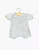 A heather blue, short-sleeve ribbed cotton bodysuit for 11" Minikane dolls, displayed on a wooden hanger against a white background—perfect as stylish baby doll clothing.