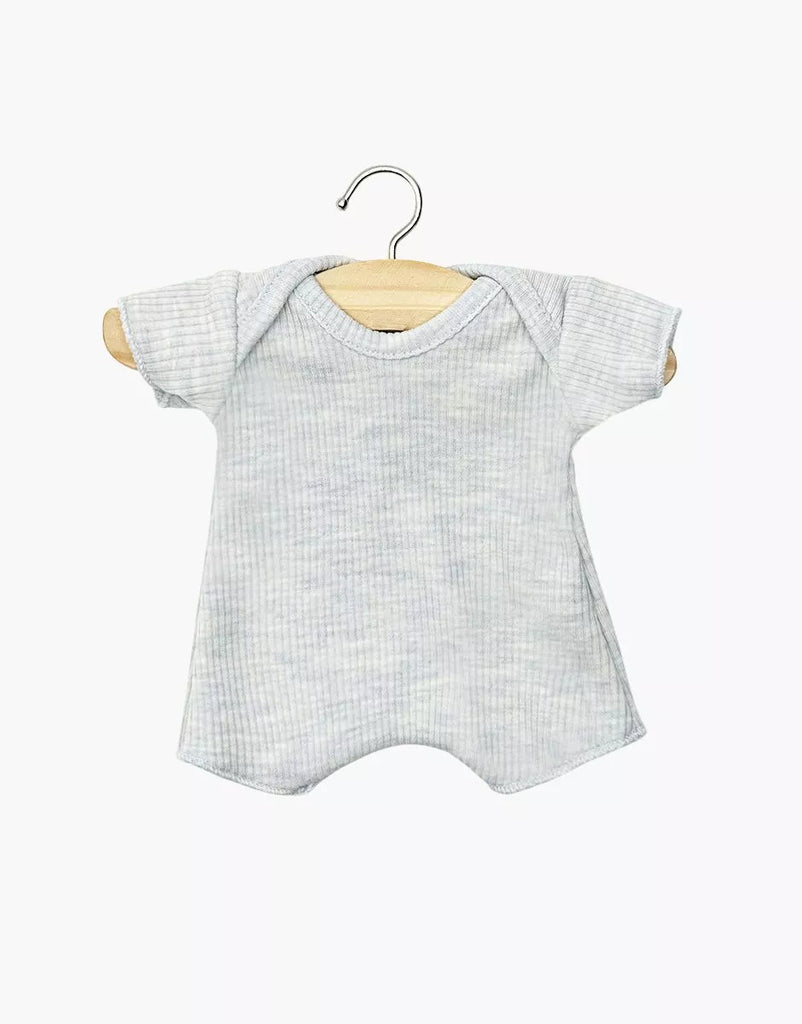 A heather blue, short-sleeve ribbed cotton bodysuit for 11" Minikane dolls, displayed on a wooden hanger against a white background—perfect as stylish baby doll clothing.