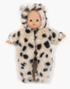 The Minikane 11" Doll Clothing | Little Cat Jumpsuit in Faux Fur is a fluffy, cream onesie with black spots and cat ears, perfect for dressing up your Minikane Babies doll. Made in France. Ideal for accessorizing against a clean white background.