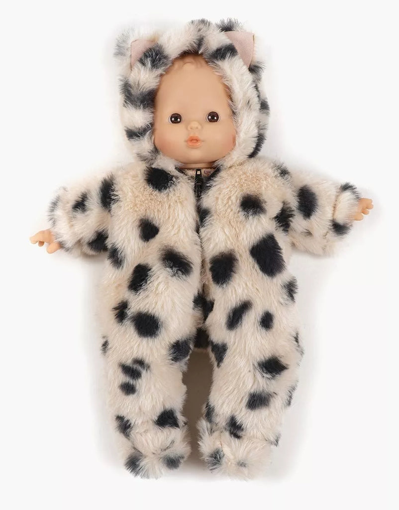 The Minikane 11" Doll Clothing | Little Cat Jumpsuit in Faux Fur is a fluffy, cream onesie with black spots and cat ears, perfect for dressing up your Minikane Babies doll. Made in France. Ideal for accessorizing against a clean white background.