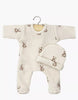 The Minikane 11" Doll Clothing set features a cream ribbed cotton Sleep Tight Angel Onesie & Hat in Little Bears print, made in France and shown on a wooden hanger against a white background.