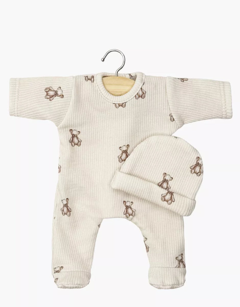 The Minikane 11" Doll Clothing set features a cream ribbed cotton Sleep Tight Angel Onesie & Hat in Little Bears print, made in France and shown on a wooden hanger against a white background.
