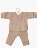 The Minikane 11" Doll Clothing | Morgan Pajama in Ribbed Cotton - Mocha, a ribbed long-sleeve shirt and matching pants set for dolls, is displayed on a hanger against a white background.
