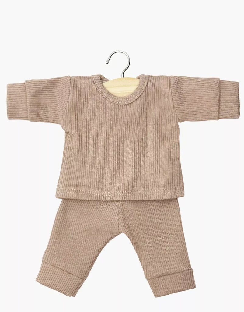 The Minikane 11" Doll Clothing | Morgan Pajama in Ribbed Cotton - Mocha, a ribbed long-sleeve shirt and matching pants set for dolls, is displayed on a hanger against a white background.