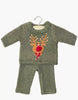 The Minikane 13" Doll Clothing Christmas Reindeer Two-Piece Knit Set in green features a festive sweater with a reindeer face and matching pants, shown on a hanger against a white background. Fits 13" or 14" dolls perfectly.