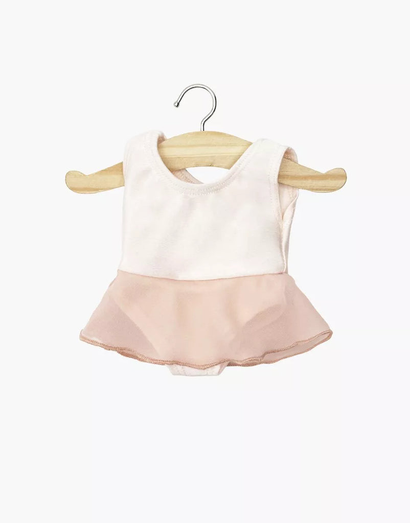 The Minikane 13" Doll Clothing | Ludmila Ruffled Leotard in Lycra and Chiffon - Nude Pink is displayed on a wooden hanger against a plain white background, perfect for Minikane Gordis or other 13-inch dolls.