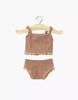 The Minikane 13" Doll Clothing | Les P'tits Basiques, 2-Piece Set in Ribbed Cotton - Clay Pink features a ribbed tank top and matching ruffled bottoms, perfectly sized for 13 inch dolls like French-made Minikane dolls.