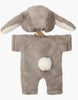 The Minikane 13" Doll Clothing | Bunny Costume is a soft gray onesie with long floppy ears on the hood and a white fluffy tail—perfectly sized for Minikane and 13 inch dolls.