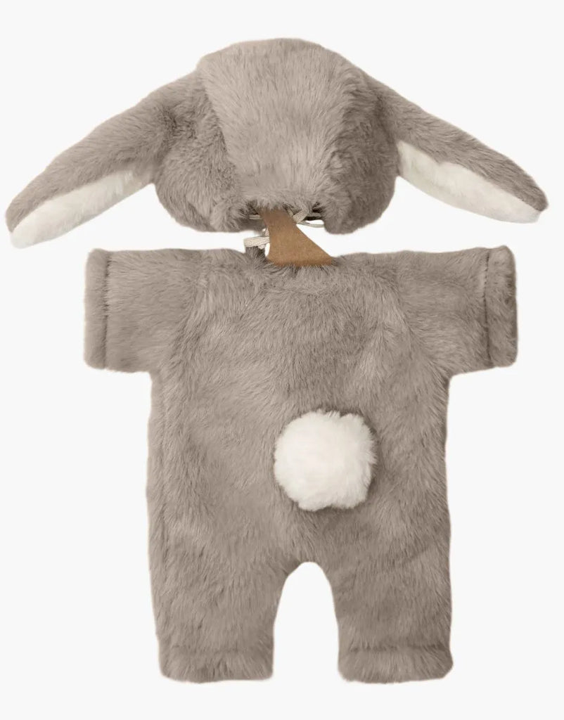 The Minikane 13" Doll Clothing | Bunny Costume is a soft gray onesie with long floppy ears on the hood and a white fluffy tail—perfectly sized for Minikane and 13 inch dolls.