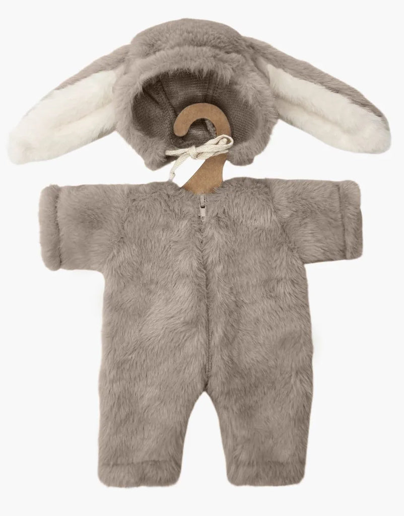 The Minikane 13" Doll Clothing | Bunny Costume is a soft gray furry onesie with a hood featuring white and gray bunny ears, perfect for 13 inch dolls like Minikane, shown on a hanger against a white background.