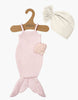 Displayed on a hanger, the Minikane 13″ Doll Clothing | Mermaid Costume & Pink Pearl Seashell Set includes a charming pink mermaid outfit featuring a matching light pink crochet top and a separate white fabric hat. Perfectly sized as 13″ and 14″ doll accessories, these whimsical Minikane doll clothes are an enchanting addition to any collection.