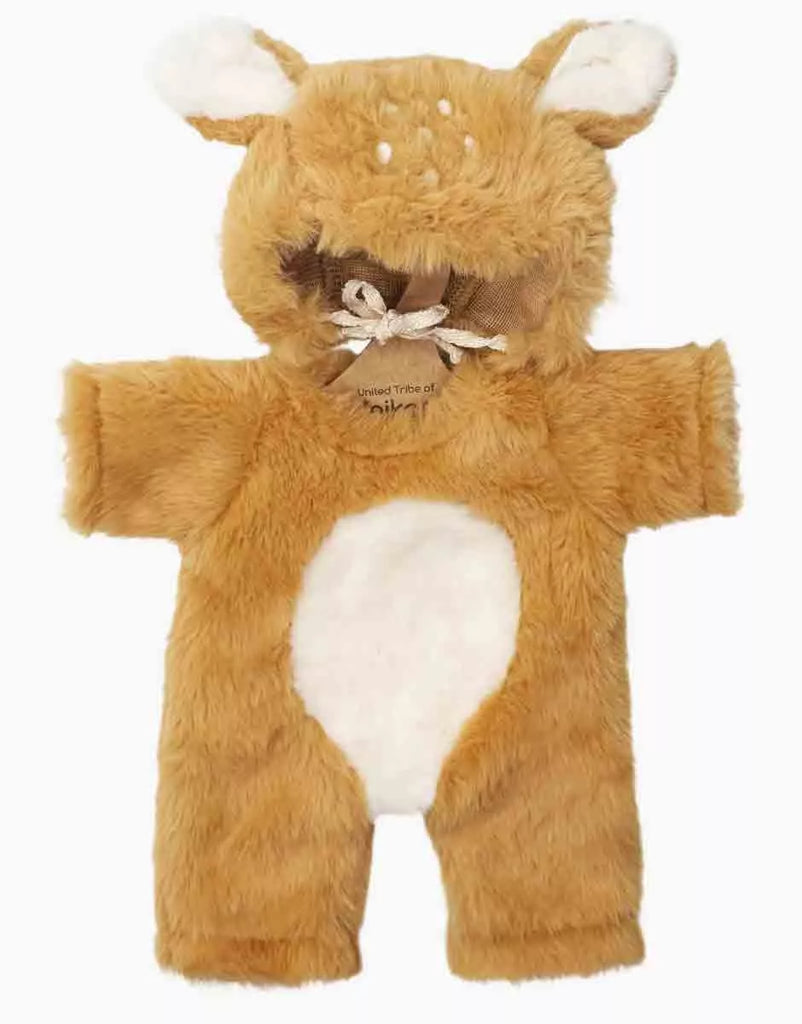 The Minikane 13" Doll Clothing | Bambi Costume is a soft, plush brown and white outfit with a hood featuring ears, white belly, and short sleeves/legs—ideal for babies, small children, or perfectly sized for 13 inch dolls.
