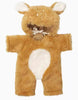 The Minikane 11" Doll Clothing | Bambi Costume is a soft brown and white furry onesie with a hood featuring ears and antlers, white belly, and brown ribbon tie—perfectly sized for Minikane or 11" dolls.