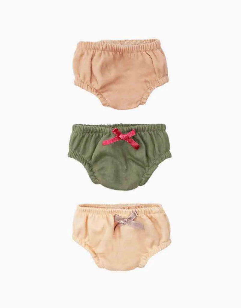 Minikane 13″ Doll Clothing | Set of 3 Charlotte Cotton Panties including a solid peach pair, an olive green pair with a red bow, and a light peach pair with a matching bow.