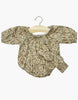 The Minikane Doll Clothing | Rylee+Cru | Bertille Romper and Headband - Autumn Flowers features a floral romper with long sleeves and matching headband, fitting 14-inch or Minikane dolls. Shown on a wooden hanger against a white background.